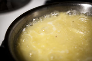 Spaghetti squash was first baked and then boiled in bone broth till it mostly disintegrated.